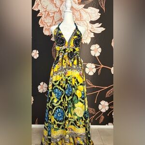 Bright Yellow Halter Maxi Dress with Lemon & Floral Print